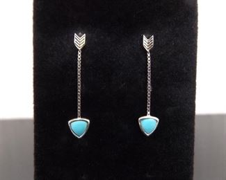 .925 Sterling Silver Turquoise Navajo Arrowhead Chain Dangle Post Earrings
