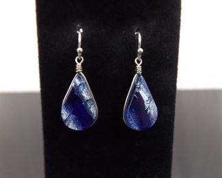 .925 Sterling Silver Blue Dichroic Glass Dangle Hook Earrings
