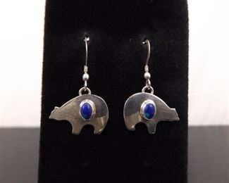.925 Sterling Silver Azurite Cabochon Navajo Bear Dangle Hook Earrings
