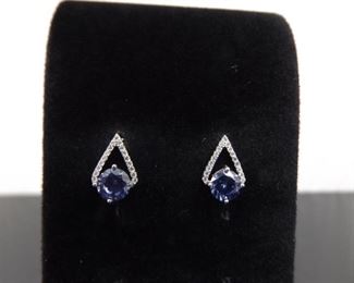.925 Sterling Silver Diamond Accented Faceted Tanzanite Post Earrings
