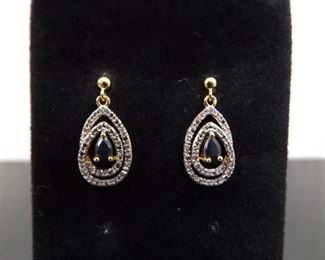 .925 Sterling Silver Diamond Accented Pear Cut Sapphire Vermeil Dangle Post Earrings
