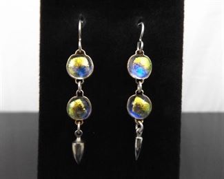 .925 Sterling Silver Blue and Yellow Dichroic Glass Dangle Hook Earrings
