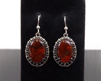 .925 Sterling Silver Blood Red Swirled Glass Dangle Hook Earrings
