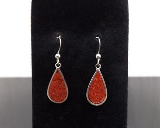 .925 Sterling Silver Inlayed Coral Dangle Hook Earrings
