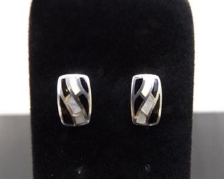 .925 Sterling Silver Inlayed Mother of Pearl and Black Onyx Post Earrings
