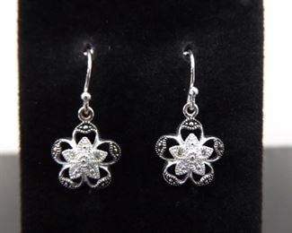 .925 Sterling Silver Art Nouveau Fleurette Dangle Hook Earrings
