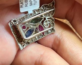 Platinum ruby sapphire and emerald brooch