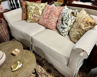 Martha Stewart Collection 2-Cushion Slipcover Sofa- this is comfortable and cozy, perfect for your farmhouse or shabby chic style, back pillows included,  slipcover in good condition & freshly laundered, approx. 83” L x 38” D x 31” H. 