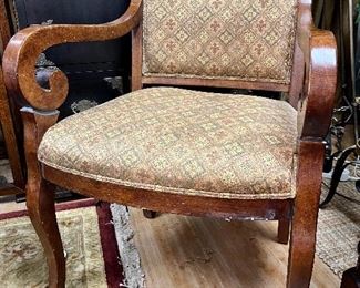 Fairfield Pair of Arm Chairs-solid and elegant!  Features minimally distressed wood & neutral pattern fabric. 