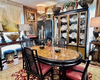 Century 1970’s Dining Table w/6 Chairs, 2 leaves and pads. Coordinating China Cabinet shown in back.  Both in excellent condition. 