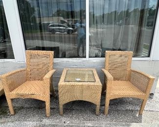 Woodward “Trinidad” Collection 3 pc Outdoor Set- all-weather wicker, glass top table, 2 chairs 