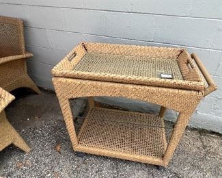 Woodward “Trinidad” Collection Outdoor Bar Cart- all-weather wicker, glass top & shelf 