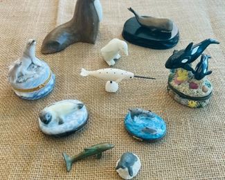 Miniature Limoges trinkets and marine mammal figurines