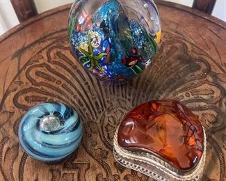 Sterling and amber jewelry box, and Murano glass paperweights