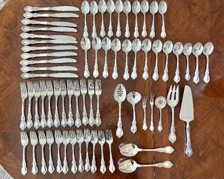 67 piece Charlemagne by Towle set of sterling  silver flatware: 5 pc place settings for 12  with 2 serving spoons, sauce ladle, 2 olive fork, fruit fork, berry spoon, pierced serving spoon, and cake server  (13 soup spoons, missing 2 teaspoons and 1 knife) 