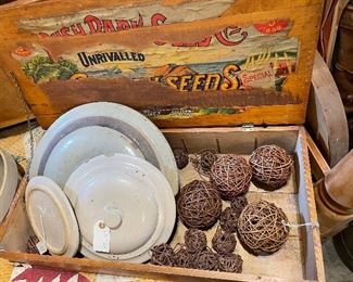 Antique seed box, crock lids