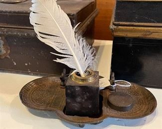 Antique brass inkwell