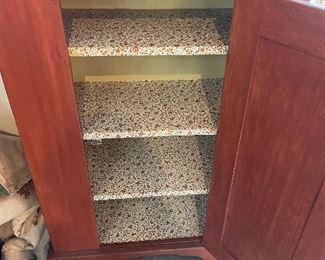 Antique red cabinet, shelves