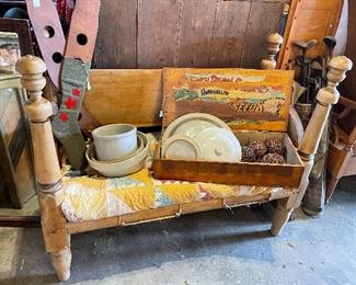 Antique crocks, crock lids, Antique small bed