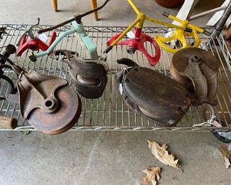 Antique pulleys, sprinklers 