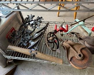 Antique pulleys, sprinklers 