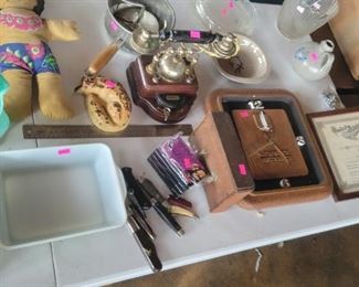 Pocket knifes, antique phone, Pyrex 
