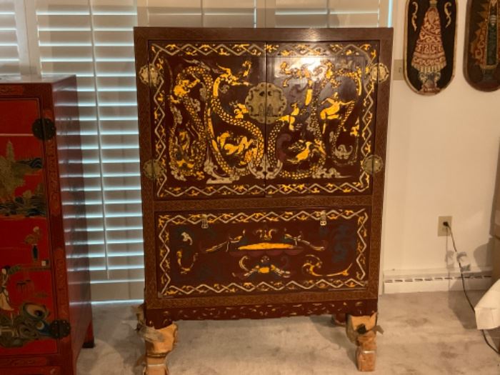 Antique metal dragon onlay cabinet