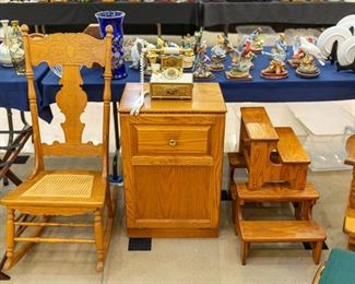 Oak step stools, laundry hamper (or cabinet), vintage rocker