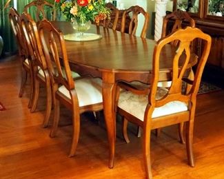 Ethan Allen Country French Formal Dining Table, 30" x 72" x 42", With 18" Leaves, Qty 2, Side Chairs, Qty 6, Captains Chairs, Qty 2