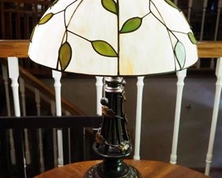 Leaded Slag Glass 24" Table Lamp With 16" Shade And Bronze Base, Powers On