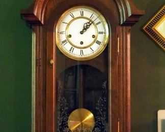 German Pendulum Wall Clock With Winding Key, 33" x 17" x 8"