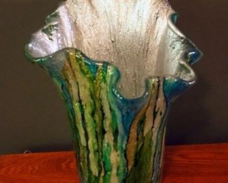 Saski 10" Round Orange Crystal Vase, 11" Swung Art Glass Vase, And Art Glass Bowl