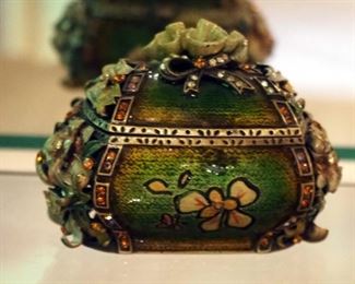 Enamel Inlaid And Bejewled Trinket Boxes, Qty 4, And Chokin Art Hummingbird Compact