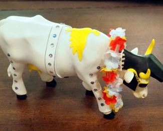 2002 Cow Parade Cow Figurine, "Moo'Velous Miss Rhinestone Cow Girl", # 7252, And 2001 Cow Parade, "Rock-N-Roll" # 9127