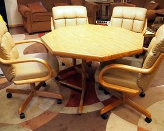 Cater Chair Co Wood Dinette Set, Including Octagonal Table, 29" x 42" With 18" Leaves, Qty 2, And Rolling Dining Chairs, Qty 4