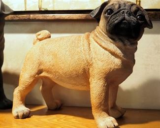 Cast Painted Plaster Pug Statuette, 12" x 12" x 7" And Cast Resin Pug Statuette, 11" x 10.5" x 5.5"