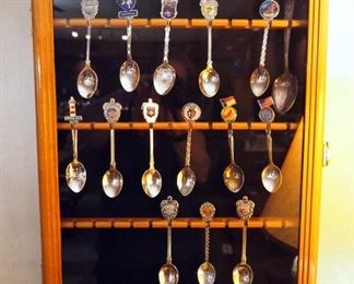 Souvenir Spoon Wood Display Case, 18" x 14", Including Spoons From Vatican, Rome, Hilton Head, South Carolina, And More, Total Qty 15