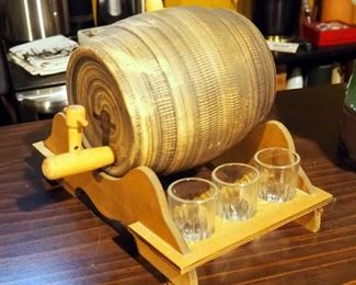 Vintage Ceramic Whiskey Keg With Stand And Matching Shot Glasses, Qty 6