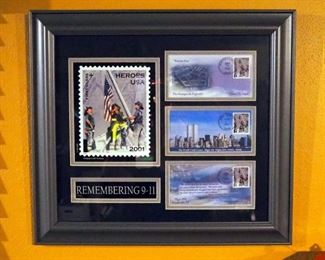Framed Matted Under Glass Remembering 9/11 Commemorative Stamp Display, 17" x 19"