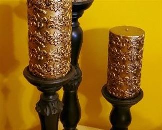 Wood Candlestick Set And Glass Mosaic Hurricane Votives, Qty 4, Total Qty 10 Pieces