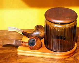 Vintage Ribbed Amber Glass Tobacco Jar With Lid, And Matching Pipe Tray, Includes Prominence Handmade Wood Tobacco Pipe And CBL 76 Collection Pipe