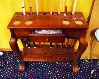 Cue Rack Table With Single Drawer And Ball And Claw Feet, Holds 8 Cues, Includes 7 Cues, Chalk, And 9 Ball Rack 30" x 32" x 15"