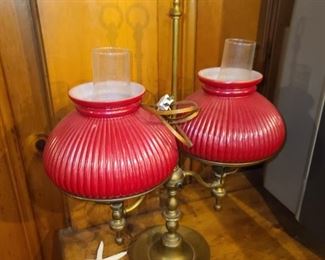 Brass Lamp W/ Red Glass Shades