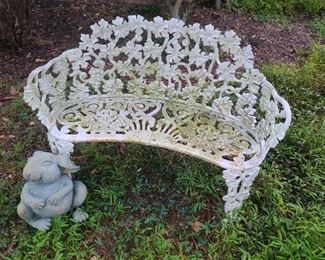 Cast Iron Bench & Bunny Statue