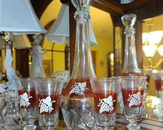 Crystal Decanter Set W/ Red Accents & Grapes