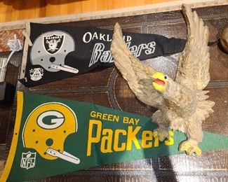 Vintage Football Pennants & Carved Wooden Eagle