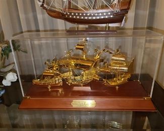 Gold Toned Boat In Acrylic Case