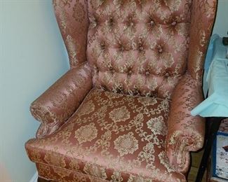 Pink Upholstered Wingback Chair W/ Matching Ottoman/Bench