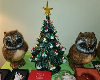 Italian Painted Ceramic Owls & Vintage Light-Up Ceramic Painted Christmas Tree