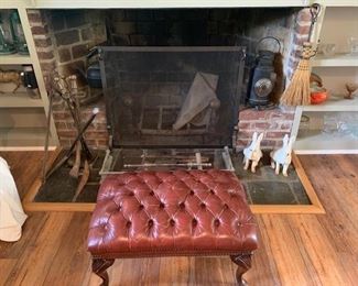 tufted ottoman red leather / fireplace equipment
